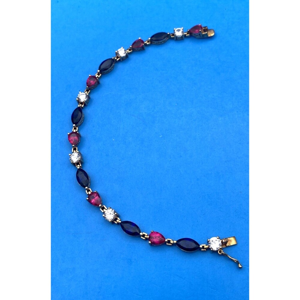 Vintage V 925 Sterling Silver Gold Plated Simulated Ruby Sapphire Bracelet 12.8g